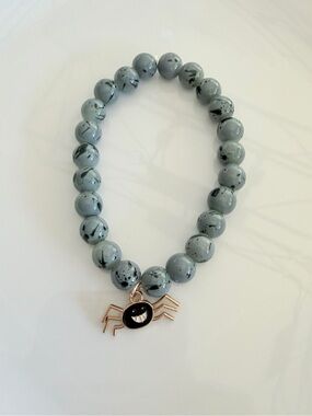 Gray Beaded Bracelet with Spider Charm Handmade Novelty Jewelry